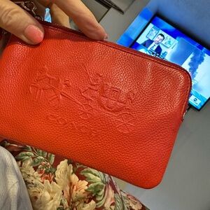 $128-Coach Red Pebbled Leather Embossed Wristlet